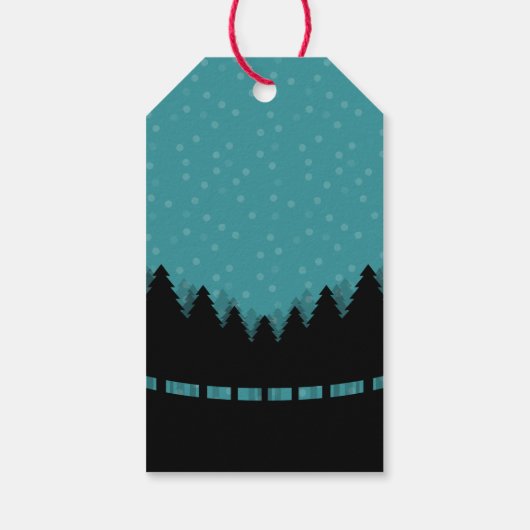 Blauwe retro Vrolijke Kerstmis met pijnbomen en sn Cadeaulabel (Achterkant)