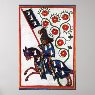 BLAUWE RIDDER TE PAARD Middeleeuwse Miniatuur Poster