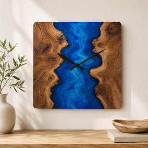Blauwe Rivier Hars Look Nep Hout Vierkante Klok