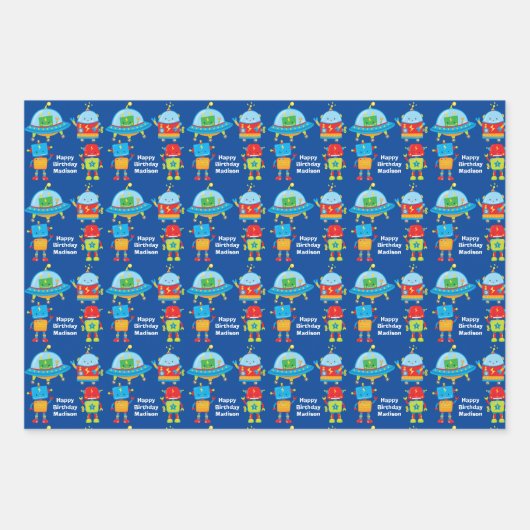 Blauwe Robots Cool Custom Kids Verjaardagsfeest Inpakpapier Vel (Voorkant)