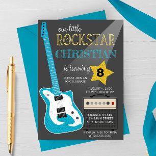 Blauwe Rockstar Verjaardagsfeestje Kaart