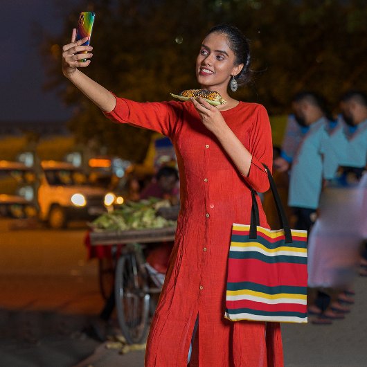 Blauwe rode gele strepen draagtas