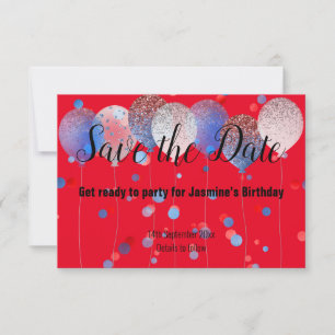 BLAUWE RODE PLEK BALLON RODE SAVE THE DATE RSVP KAARTJE