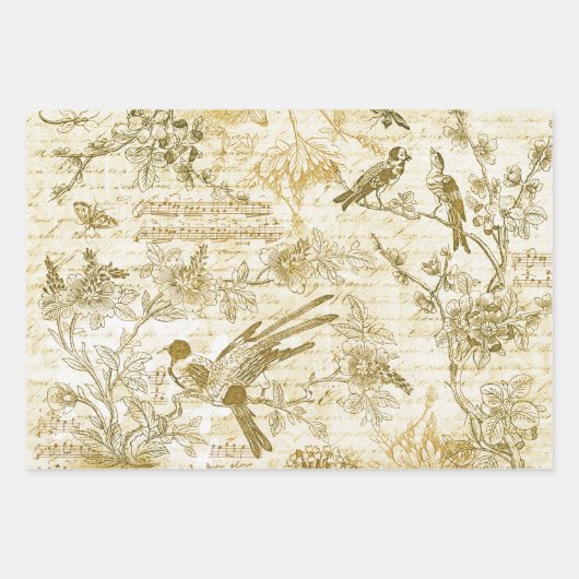  Blauwe Rode Vogels Bloemen Frans Script Inpakpapier Vel (Voorkant 3)