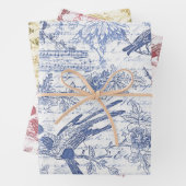  Blauwe Rode Vogels Bloemen Frans Script Inpakpapier Vel (In situ)