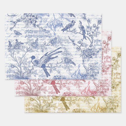  Blauwe Rode Vogels Bloemen Frans Script Inpakpapier Vel (Set)