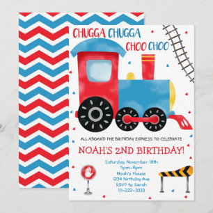 Blauwe Rode Waterverf Trein Verjaardagsuitnodiging Kaart