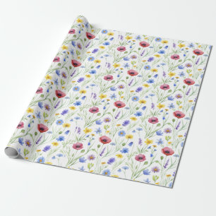 Blauwe Rode Waterverf Wilde Bloem Cadeaupapier