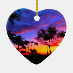 Blauwe Rode Zonnezon Exotische Hawaiian Beach Palm Keramisch Ornament