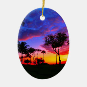 Blauwe Rode Zonnezon Exotische Hawaiian Beach Palm Keramisch Ornament