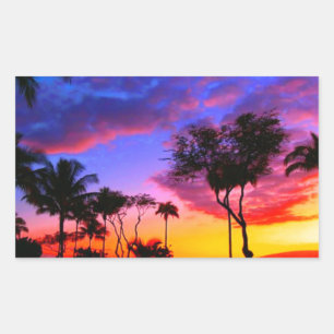 Blauwe Rode Zonnezon Exotische Hawaiian Beach Palm Rechthoekige Sticker