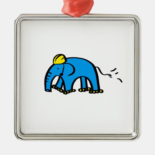 Blauwe rolledige olifant met gele helm metalen ornament (Voorkant)