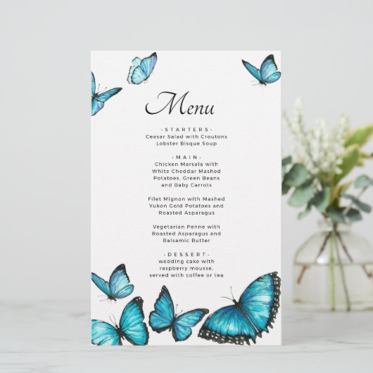 Blauwe romantische vlinders. Menu Elegant bruiloft (Staand voorkant)