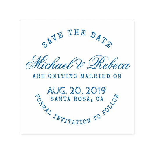 Blauwe Ronde Typografie Rustiek Save The Date Brui Zelfinktende Stempel (Design)