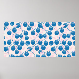 Blauwe ronde vruchten met roze bladeren, in een na poster