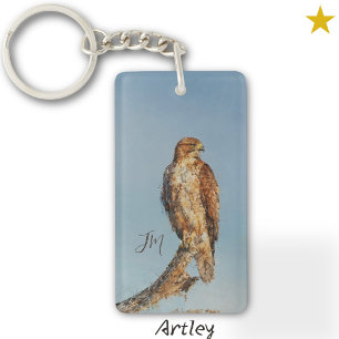 Blauwe roodstaart Hawk Bird Schilderij Initialen Sleutelhanger