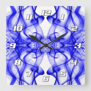 Blauwe rook symmetrische minimalistische witte vierkante klok