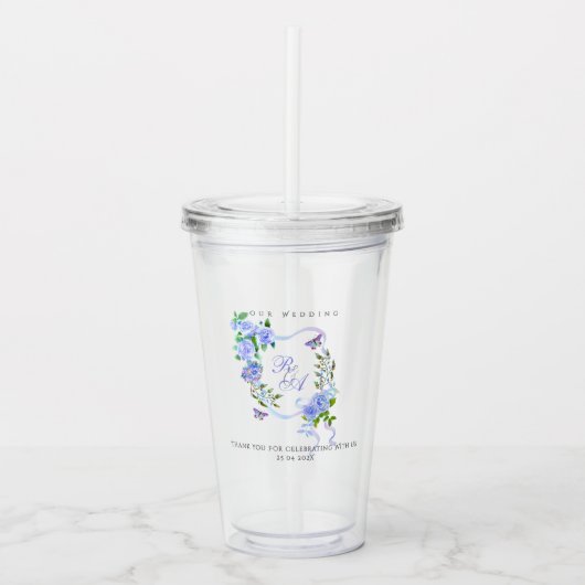 Blauwe Roos Lint Monogram Bruiloft Acryl Drinkbeker (Voorkant)