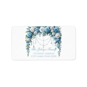 Blauwe Roos & Zilveren Kruis Doop Retouradres Etiket