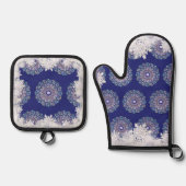 Blauwe rosé en sneeuwvlok ovenwant & pannenlap set (Voorkant)