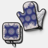 Blauwe rosé en sneeuwvlok ovenwant & pannenlap set (Voorkant / Achterkant)