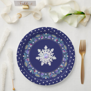 Blauwe rosé en sneeuwvlok papieren bordje