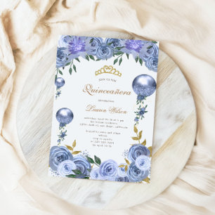 Blauwe Royal Floral Quinceanera foto uitnodiging
