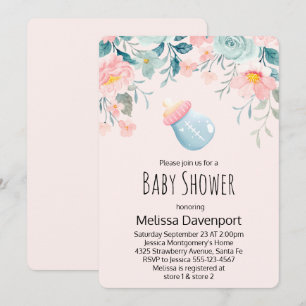 Blauwe & Roze Babyfles met Bloemen Baby Shower Kaart