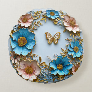 🦋 Blauwe Roze Bloem Vlinder Kamer Decoratie Accen Rond Kussen