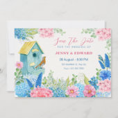 Blauwe roze bloemen vogel bruiloft save the date (Voorkant)