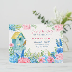 Blauwe roze bloemen vogel bruiloft save the date