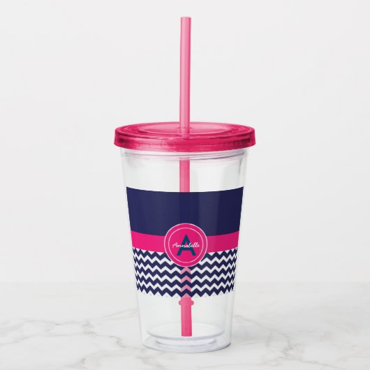 Blauwe roze Chevron Acryl Drinkbeker (Voorkant)