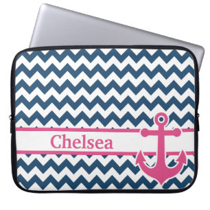 Blauwe roze Chevron Anchor Naam Laptop Sleeve