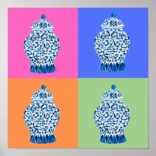 Blauwe roze Chinoiserie Ginger jar jars art print (Voorkant)