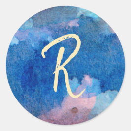 Blauwe roze en goudmonogram Waterverf Ronde Sticker