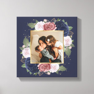 Blauwe roze Floral Aangepaste Foto op Canvas Afdruk