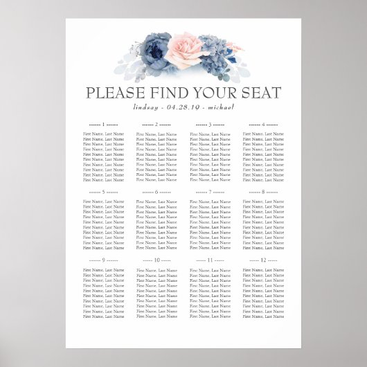 Blauwe roze Floral Elegant Wedding Seating Chart Poster (Voorkant)