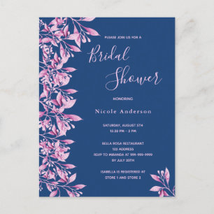Blauwe roze florale bridal Shower-uitnodiging Briefkaart