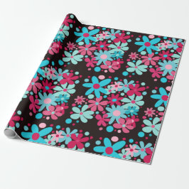 Blauwe & roze funky bloemen cadeaupapier