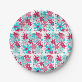 Blauwe & roze funky bloemen papieren bordje