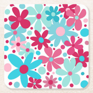 Blauwe & roze funky bloemen vierkante kartonnen onderzetter