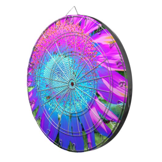 Blauwe roze funky retro zonnebloem dartbord (Voorkant Rechts)