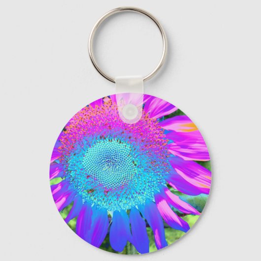 Blauwe roze funky retro zonnebloem sleutelhanger (Voorkant)