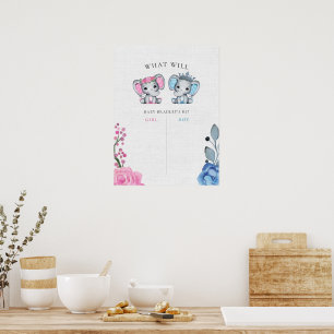 Blauwe & Roze Olifant Geslacht onthullen Stembord Poster