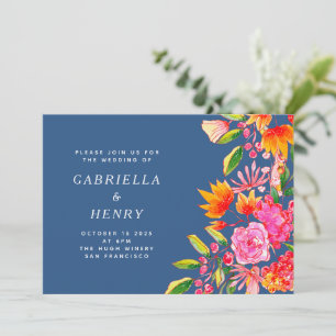 Blauwe roze Oranje Waterverf Floral Simple Wedding Kaart