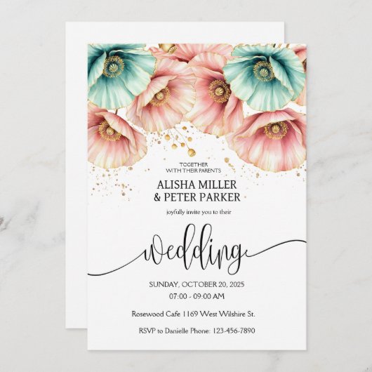 Blauwe & Roze Poppy Waterverf Uitnodiging (Voorkant / Achterkant)