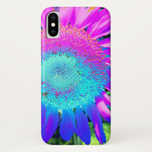 Blauwe roze retro funky sunflower foto iPhone x hoesje