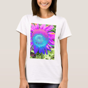 Blauwe roze retro funky sunflower foto t-shirt
