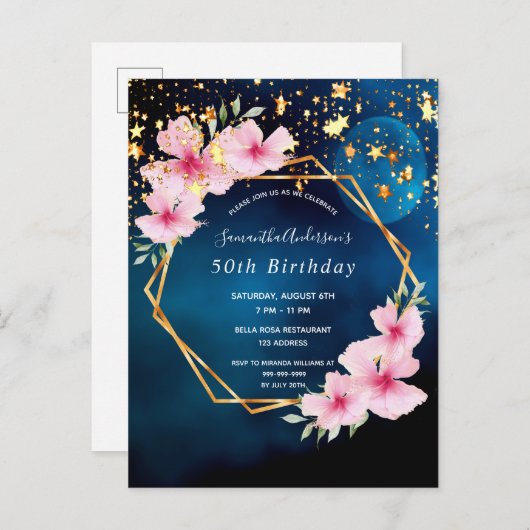 Blauwe roze roze florsterren op uitnodiging (Voorkant / Achterkant)