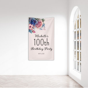 Blauwe Roze Rozen Bloemige Botanische 100ste Verja Spandoek